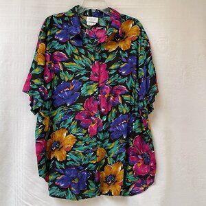 Vintage Fritzi Blouse Womens 2X Button Up Shirt Multicolor Floral Short Sleeve